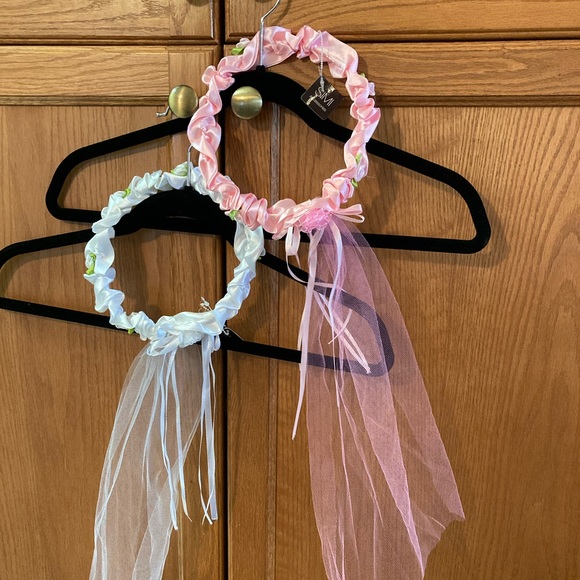 Childrens faux satin floral crown with veil and ribbon. Pink #4 or White #2 - Picture 2 of 5